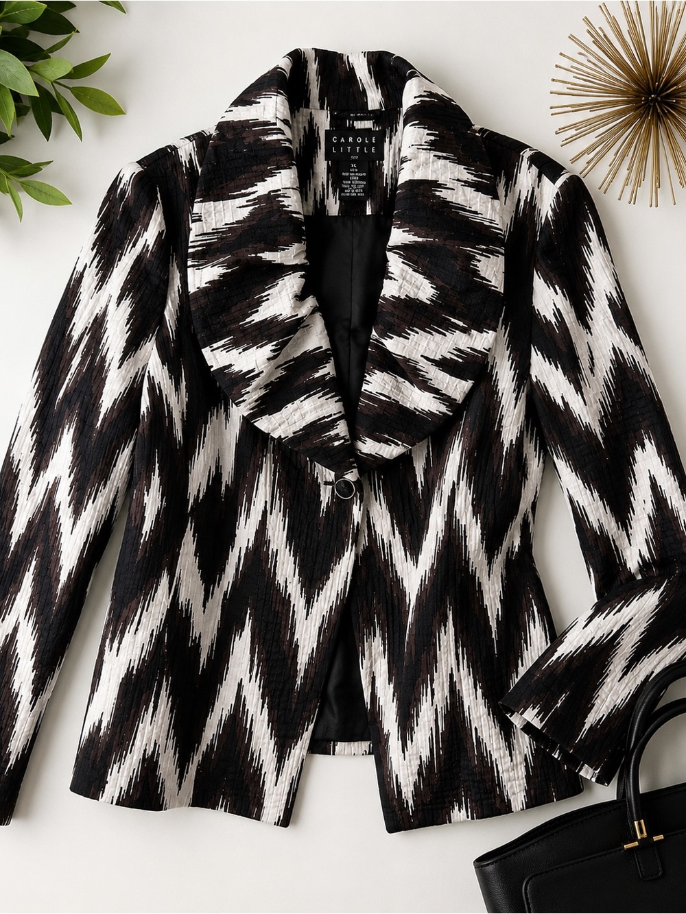 Carole Little Textured Abstract Print Jacket – Women’s XL – Black, Brown & Ivory - Picture 3 of 6